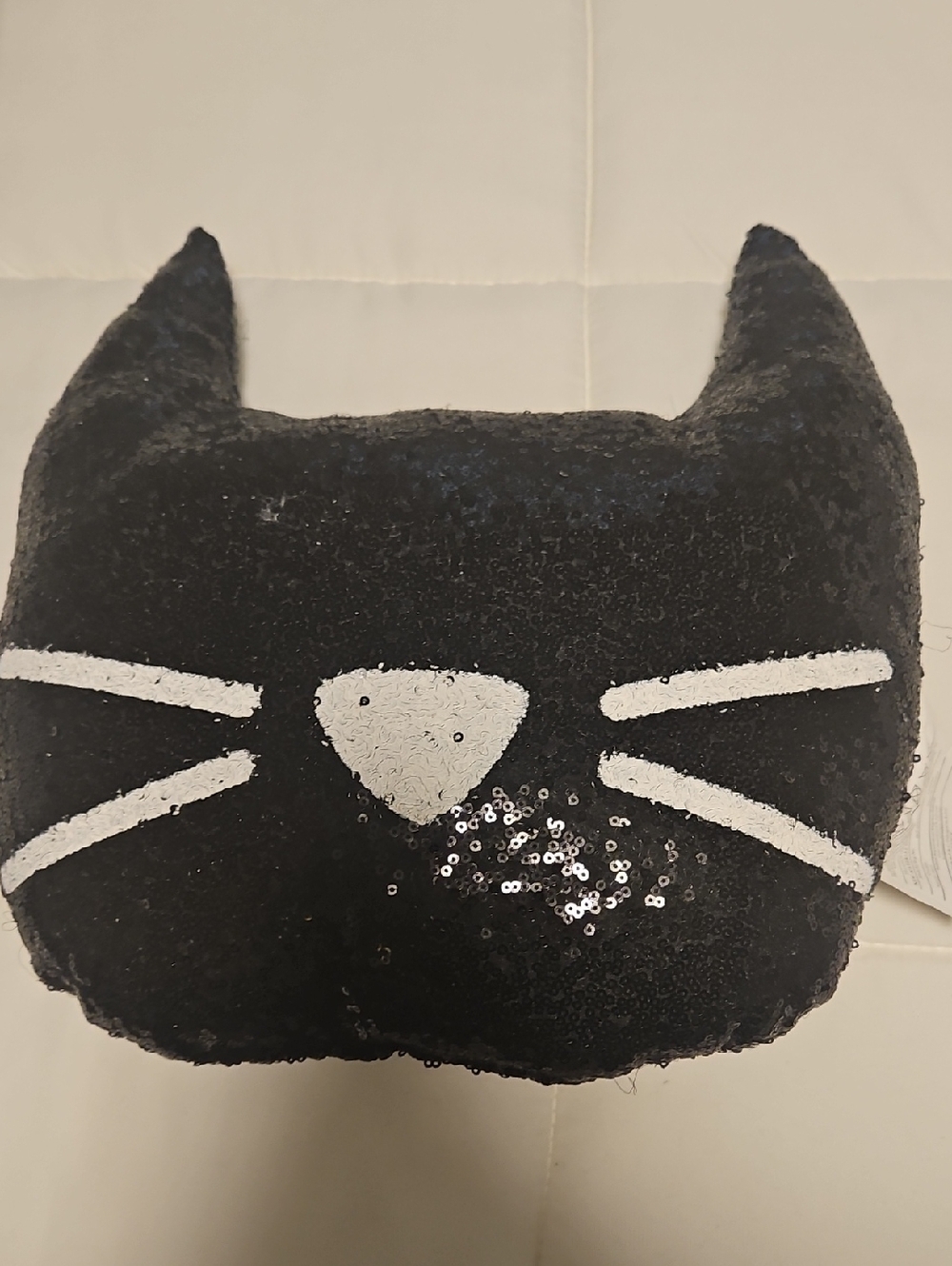 Black Sequin Cat Pillow with White Accents -